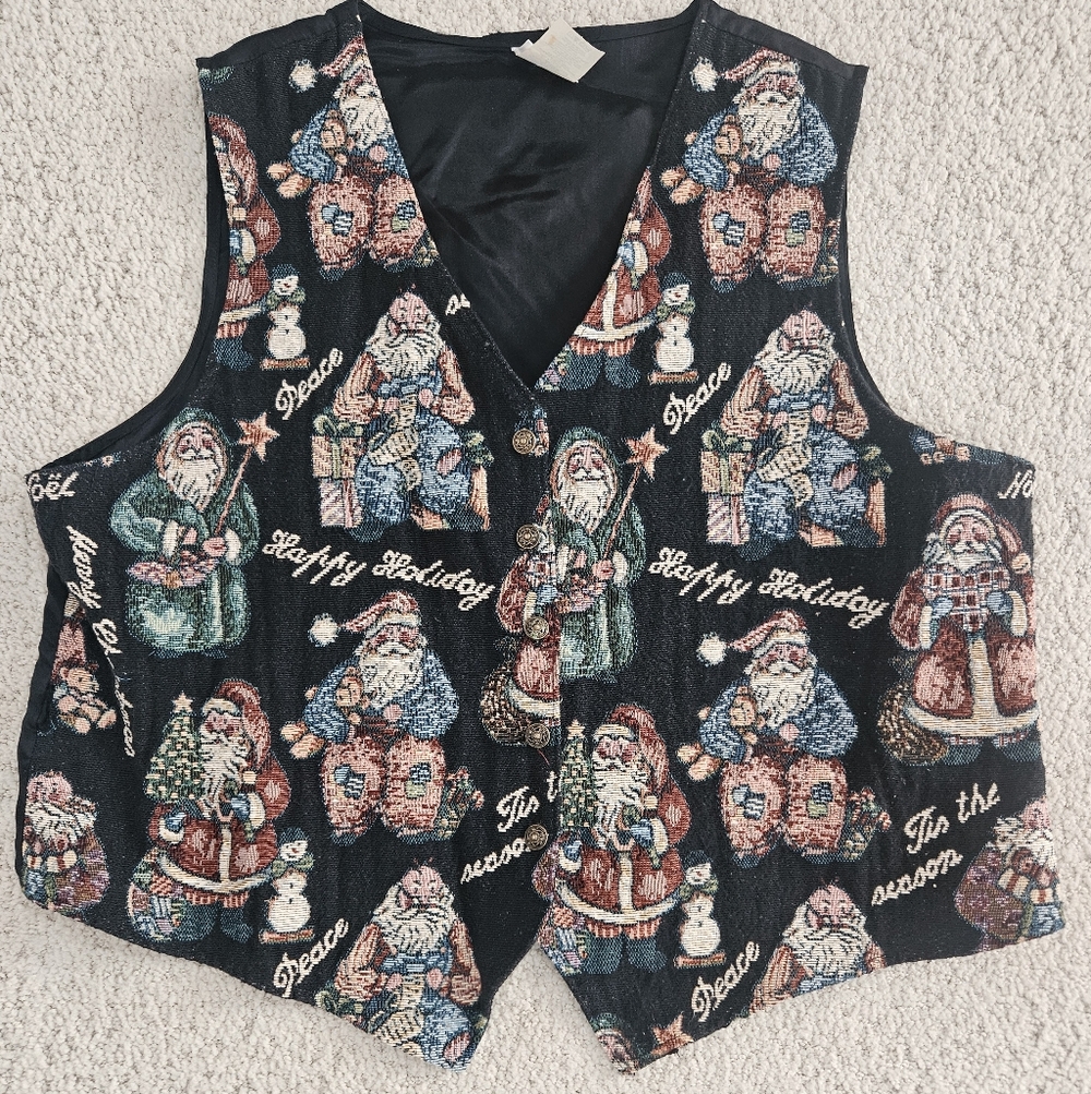 Vintage 90s Christmas Vest Tapestry Holiday Santa Button Up Womens XL  V Neck
